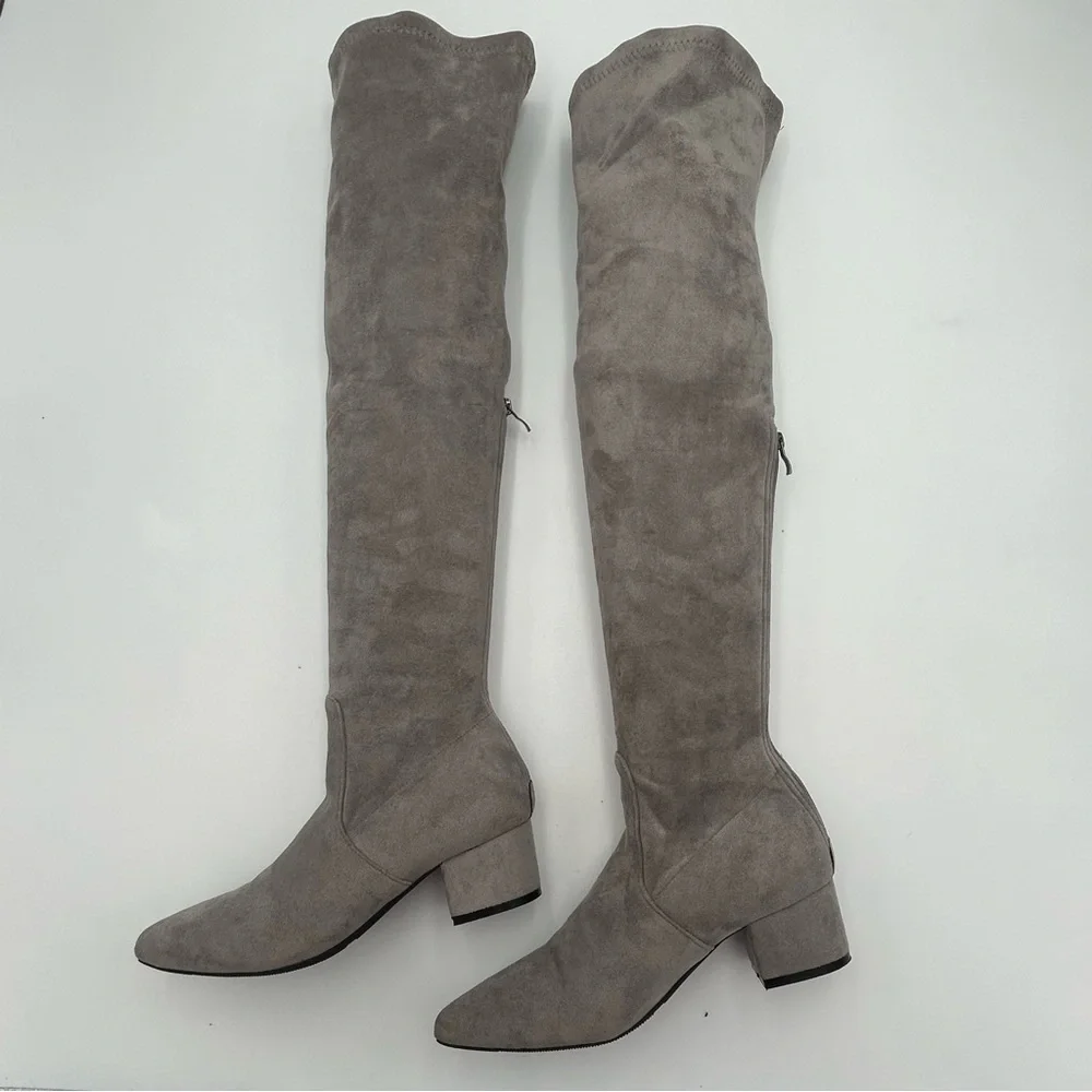 Faux Suede Over‎ The Knee Boot Size 8 Point Toe Block Heel Gray Neutral Baddie